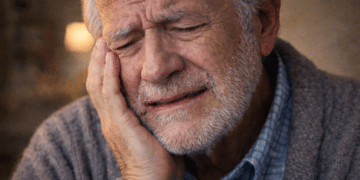 Idoso com dor no rosto e expressão de desconforto