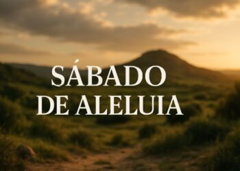 Paisagem campestre ao entardecer com o texto "Sábado de Aleluia".