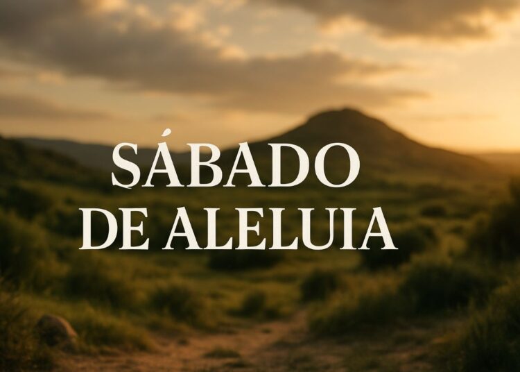 Paisagem campestre ao entardecer com o texto "Sábado de Aleluia".