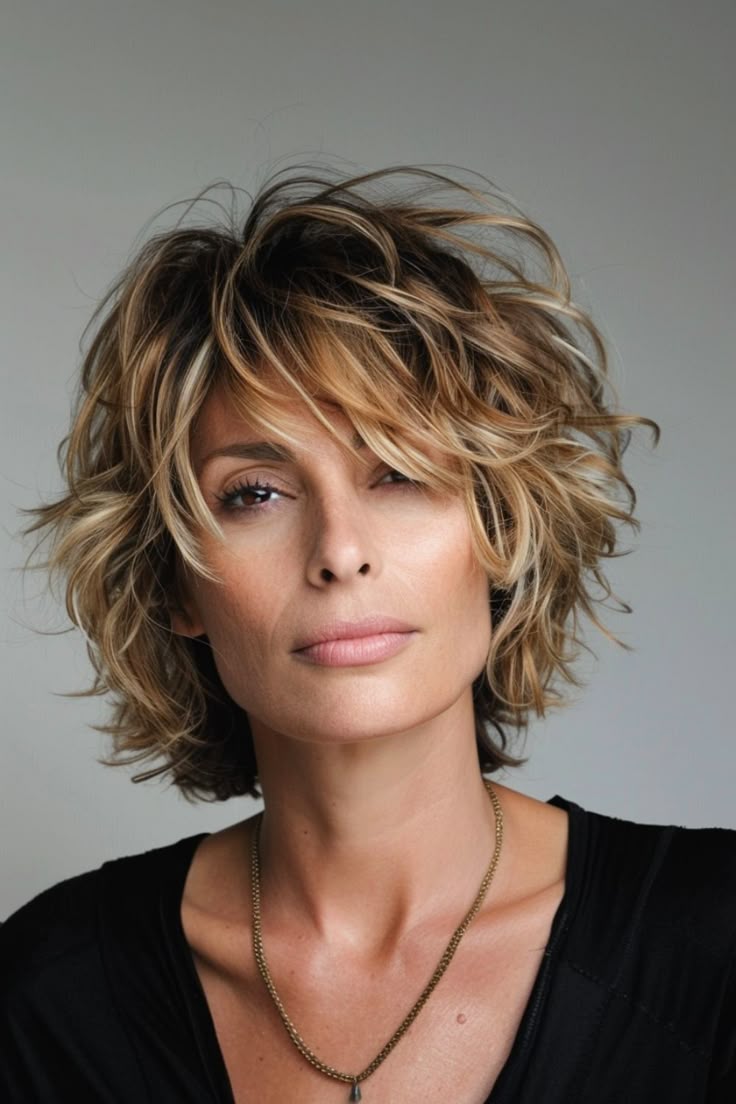 Mulher com corte de cabelo shaggy curto e repicado, com luzes loiras que destacam as camadas irregulares. O visual possui ondas despojadas, franja lateral longa e muito volume, estilo inspirado nos anos 70.