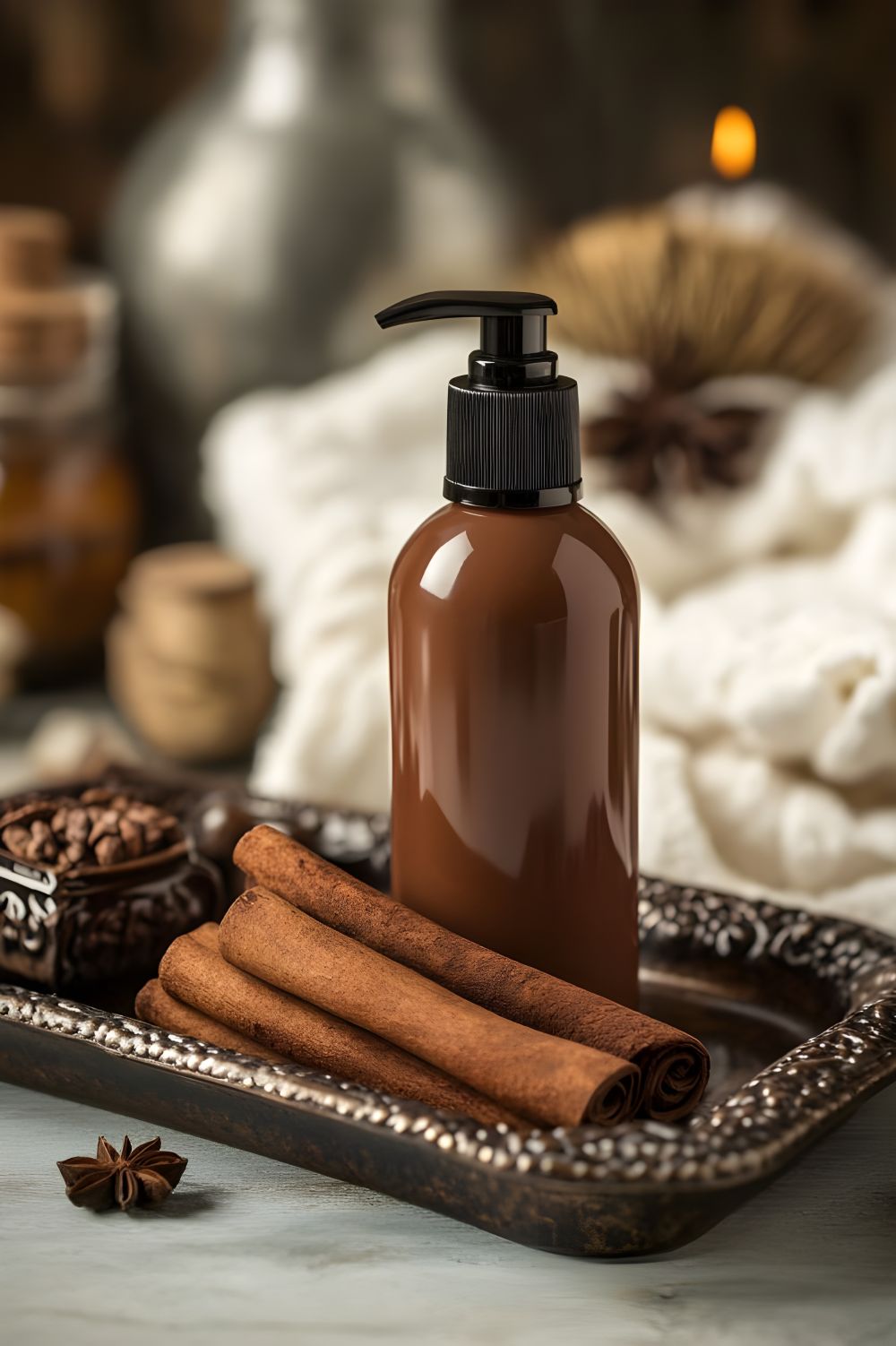 Composição estética sobre uma bandeja de prata envelhecida. No centro, um frasco de shampoo marrom brilhante com bico dosador preto (pump). À frente do frasco, paus de canela empilhados e, ao lado, um pequeno pote com grãos de café. Ao fundo, elementos decorativos desfocados incluem toalhas brancas macias, uma vela acesa e frascos de vidro, criando um ambiente de spa e autocuidado.