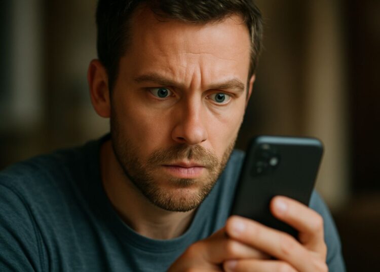 Close-up de um homem barbudo com olhos azuis intensos, franzindo a testa enquanto olha fixamente para a tela de um smartphone preto.