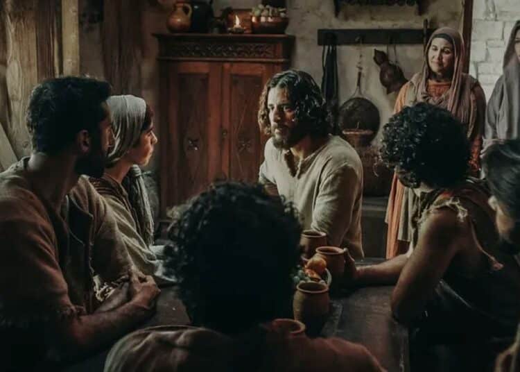 Cena da série The Chosen com Jesus Cristo sentado à mesa em uma casa rústica, conversando com seus discípulos sob luz de velas.