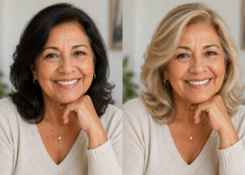 Mulher sorrindo antes e depois de mudar o cabelo para loiro