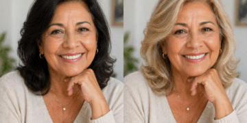 Mulher sorrindo antes e depois de mudar o cabelo para loiro