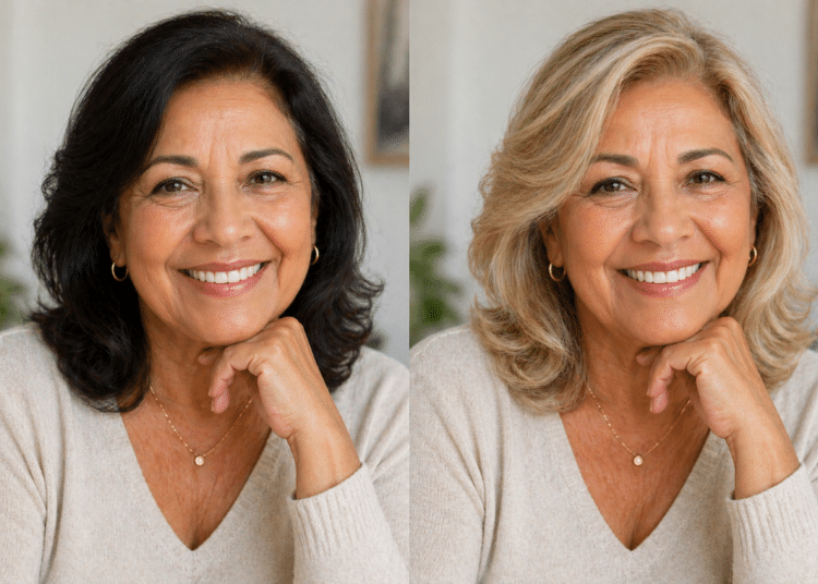 Mulher sorrindo antes e depois de mudar o cabelo para loiro