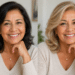 Mulher sorrindo antes e depois de mudar o cabelo para loiro