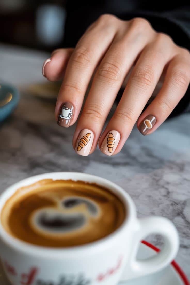 Close de uma mão feminina com unhas quadradas curtas. A nail art apresenta tons de bege e marrom café, com desenhos detalhados de uma xícara de café branca e pequenos croissants. Ao fundo, uma xícara real com café cremoso sobre uma mesa de mármore.
