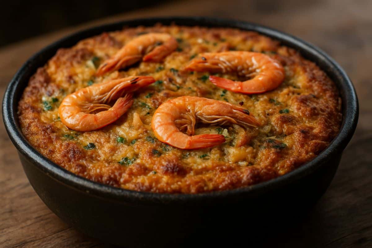 Panela de ferro com camarões inteiros sobre massa dourada gratinada