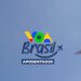 Logotipo colorido do programa Voa Brasil com a palavra "Aposentados" logo abaixo, sobreposto a um céu azul claro com um avião voando ao fundo à direita.
