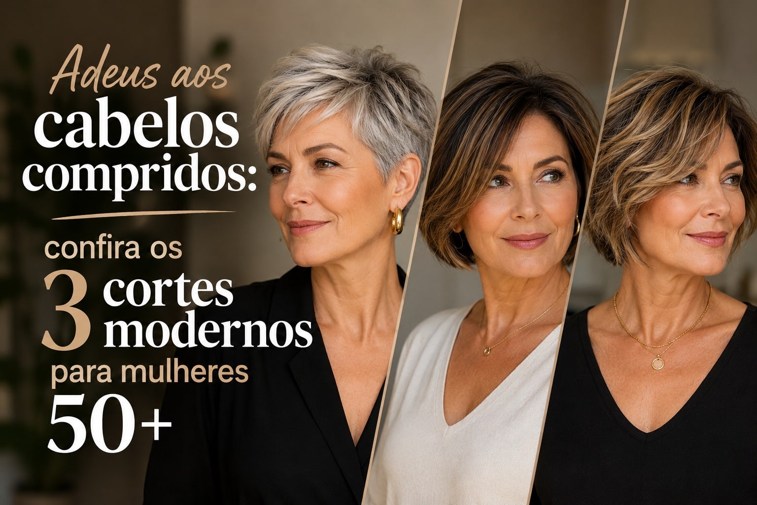 Três mulheres maduras com cortes curtos: pixie prateado, bob castanho e shag com mechas em composição editorial