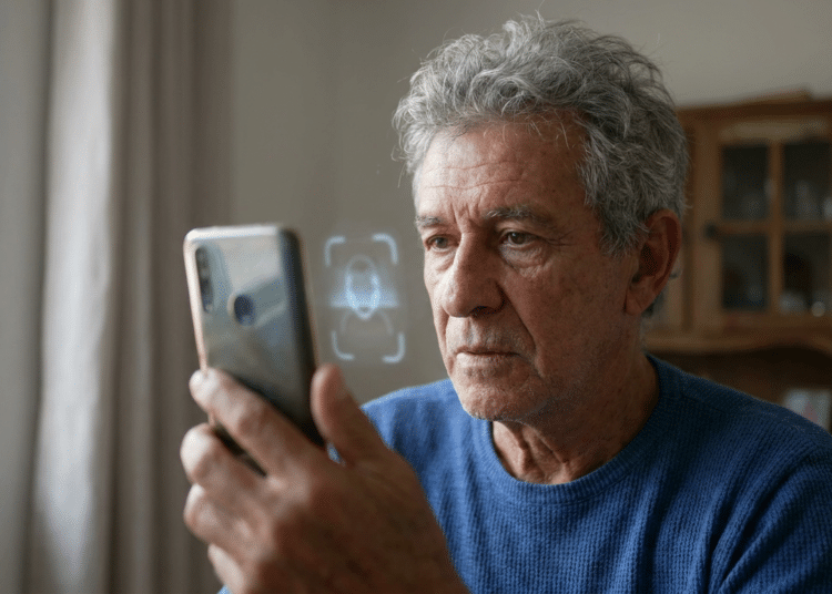 Homem idoso de cabelos grisalhos segura smartphone com ícone de reconhecimento facial, usando suéter azul em ambiente residencial