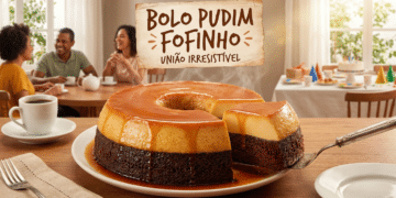Bolo pudim de chocolate com cobertura cremosa de caramelo, fatia servida em mesa com família ao fundo
