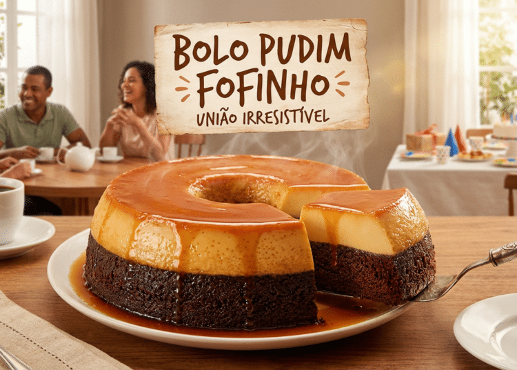 Bolo pudim de chocolate com cobertura cremosa de caramelo, fatia servida em mesa com família ao fundo