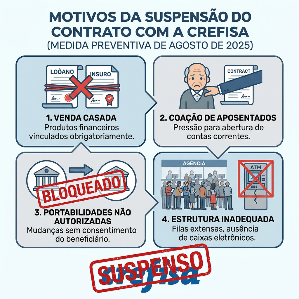 Infográfico com 4 motivos da suspensão do contrato Crefisa-INSS: venda casada, coação, portabilidade e estrutura inadequada