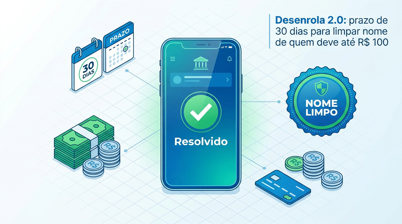 Ilustração digital com smartphone exibindo status "Resolvido", selo "Nome Limpo", calendário de 30 dias, notas e moedas de real
