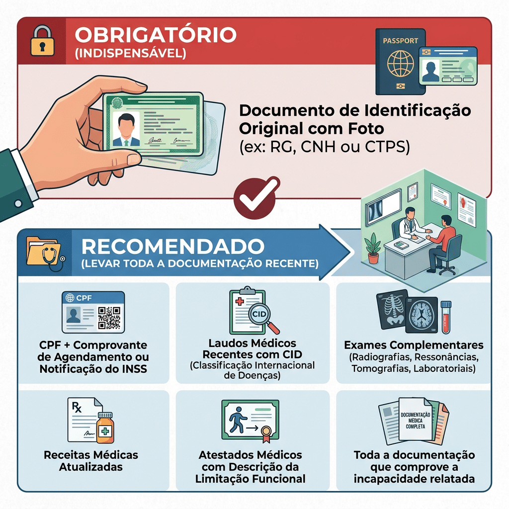 Infográfico mostrando documentos obrigatórios e recomendados para perícia médica do INSS, com ícones ilustrativos