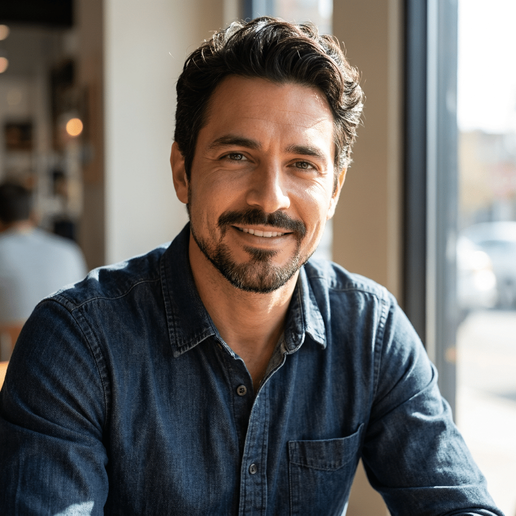 Homem de meia-idade sorri com cavanhaque e bigode escuros, camisa jeans azul, cabelos ondulados castanhos, fundo desfocado.