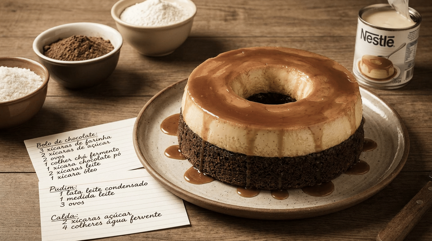 Bolo pudim sobre prato cerâmico com calda caramelo escorrendo, lata de Leite Moça Nestlé e tigelas com ingredientes ao fundo
