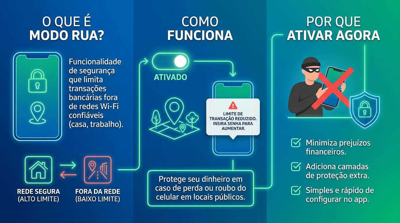 Infográfico explicativo sobre Modo Rua: funcionalidade de segurança que limita transações bancárias fora de redes Wi-Fi confiáveis