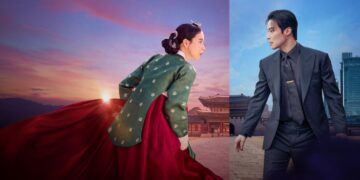 Montagem dividida ao meio mostrando uma mulher em trajes tradicionais coreanos (hanbok) à esquerda, olhando para o passado, e um homem em terno moderno à direita, representando o século XXI.