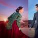 Montagem dividida ao meio mostrando uma mulher em trajes tradicionais coreanos (hanbok) à esquerda, olhando para o passado, e um homem em terno moderno à direita, representando o século XXI.