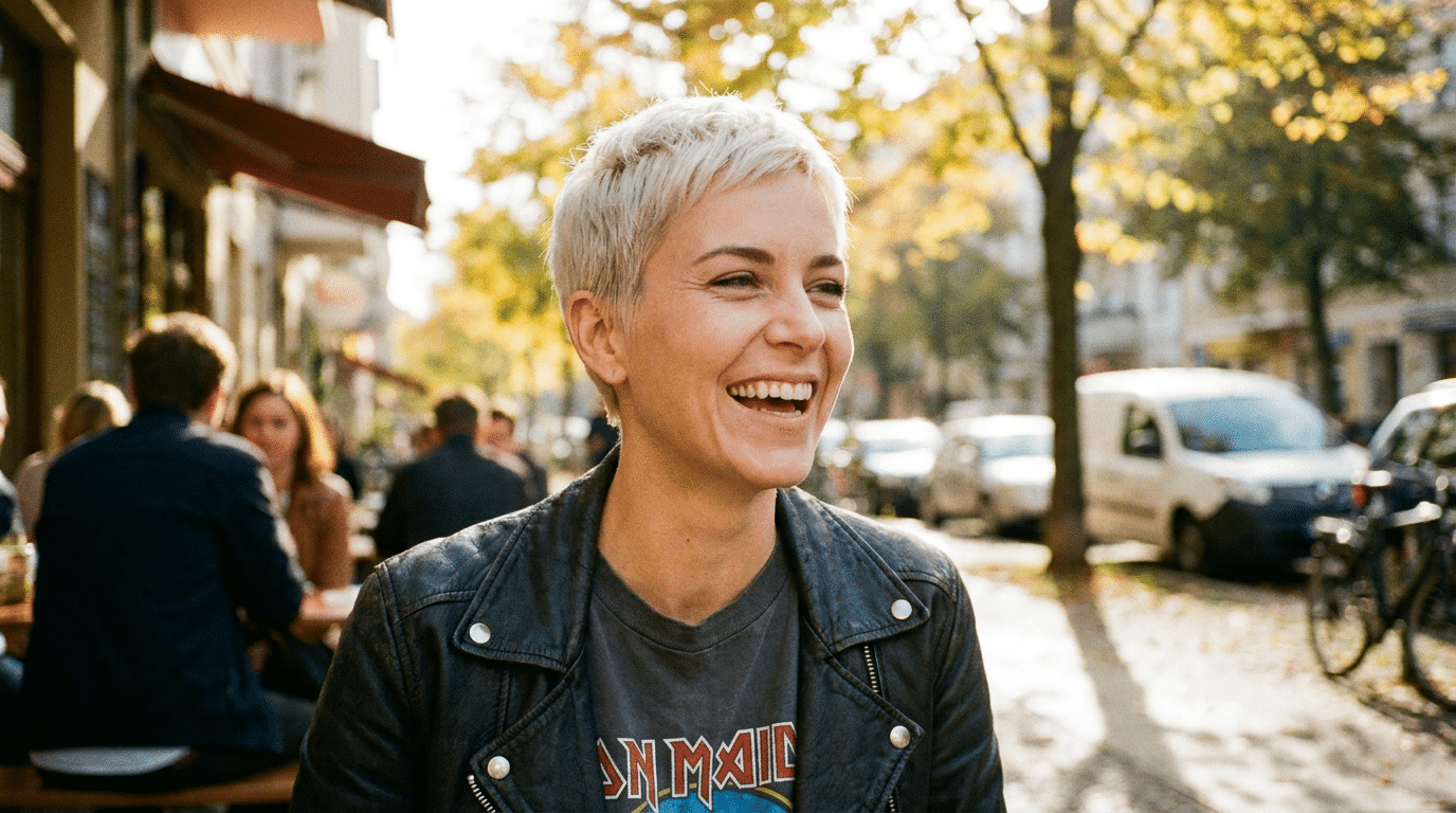 Mulher com cabelo pixie cut platinado sorrindo, usando jaqueta de couro e camiseta Iron Maiden em café ao ar livre