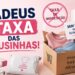 Arte sobre fim da taxa das blusinhas com caixa Shopee, Shein e AliExpress, carrinho rosa e símbolo de proibição