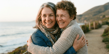 Duas mulheres sorrindo se abraçam em trilha costeira com mar e montanha ao fundo durante pôr do sol