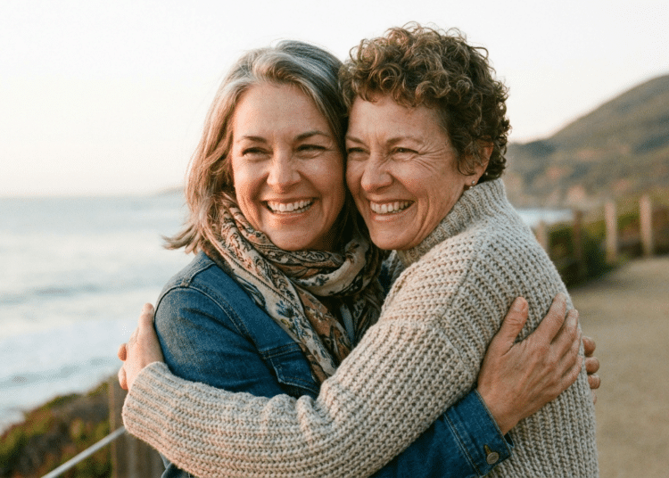 Duas mulheres sorrindo se abraçam em trilha costeira com mar e montanha ao fundo durante pôr do sol