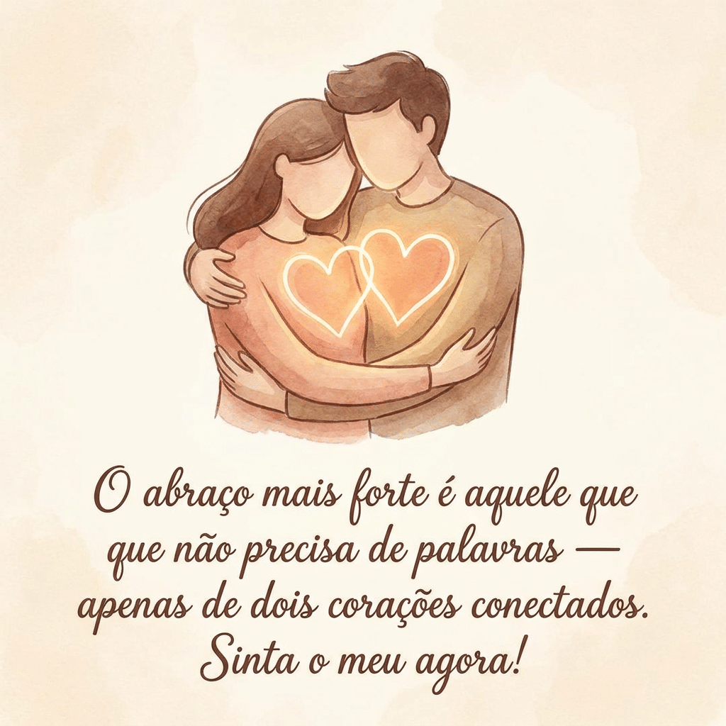 Casal em ilustração aquarela se abraçando com dois corações dourados entrelaçados brilhando entre eles