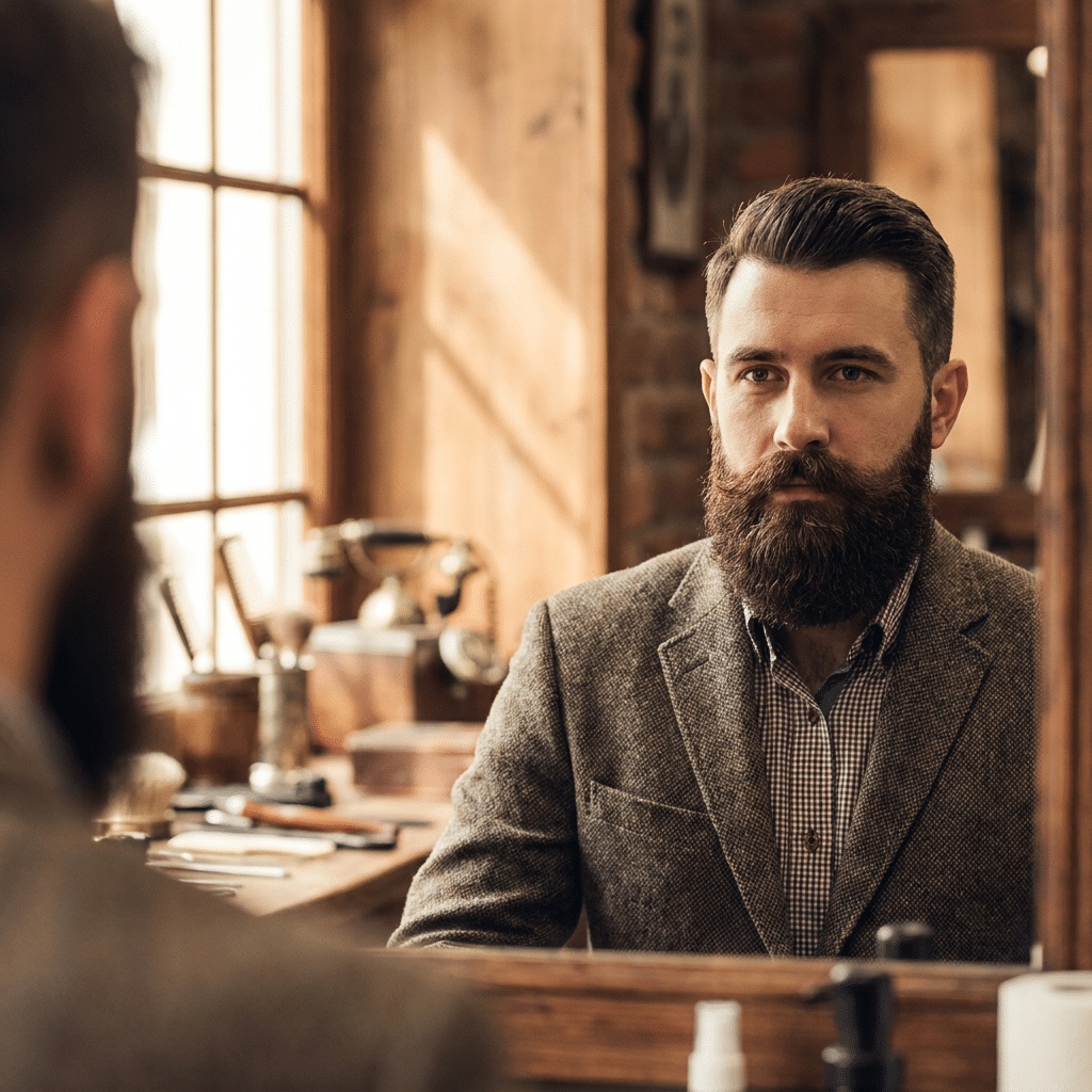 Homem de barba cheia castanha usando blazer tweed xadrez olha para espelho em barbearia rústica com paredes de madeira