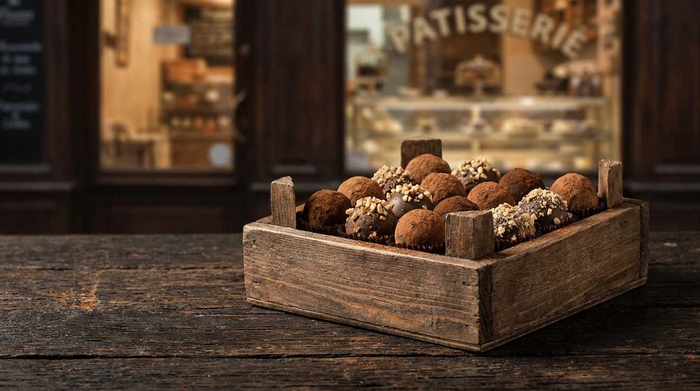 Trufas de chocolate com cobertura de cacau e nozes picadas em caixa de madeira rústica sobre mesa