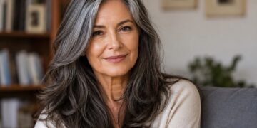 Mulher 50+ de cabelo longo castanho com fios grisalhos, blusa bege, sorrindo em sala com estante de livros