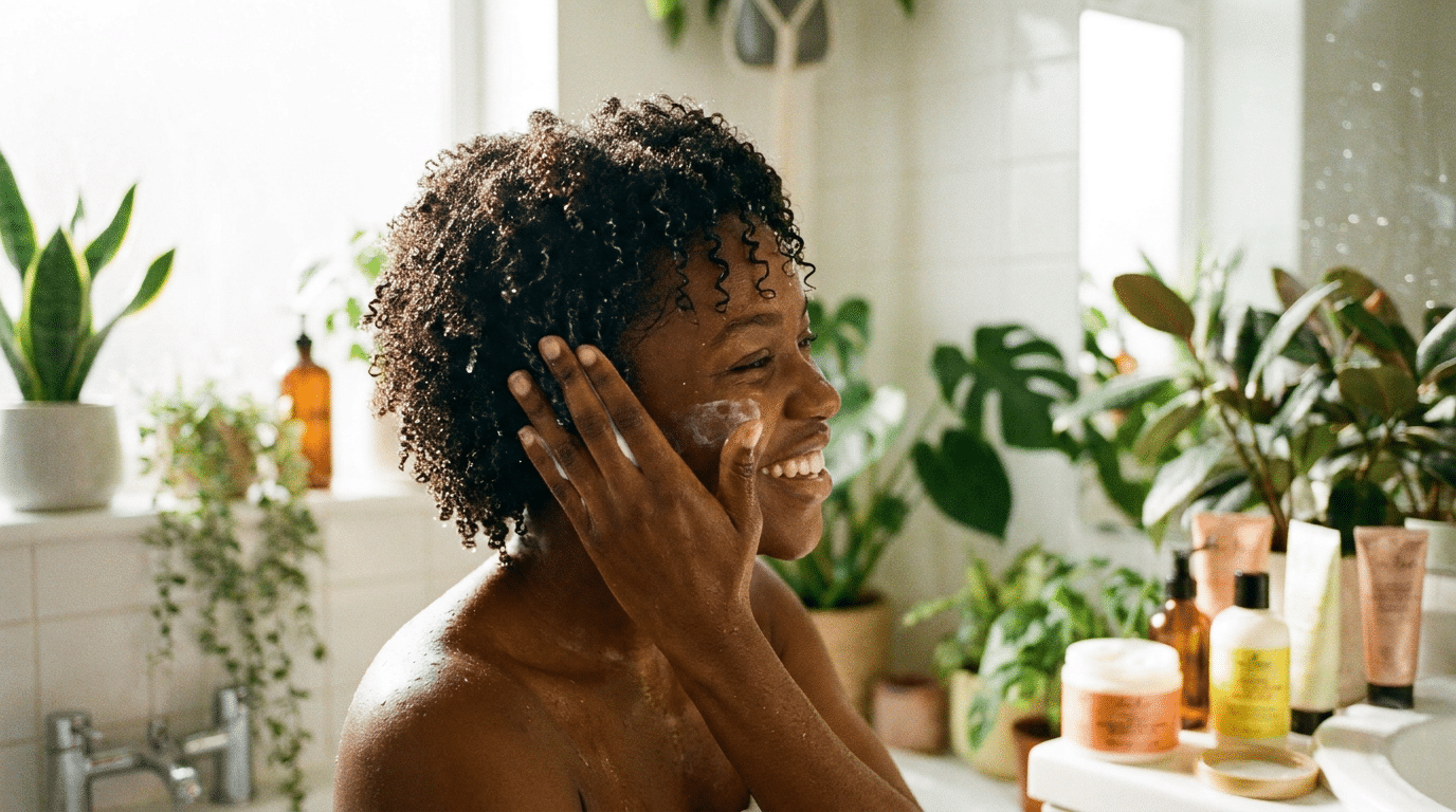 Mulher negra sorrindo aplica creme nos cabelos em banheiro iluminado com plantas verdes e cosméticos naturais