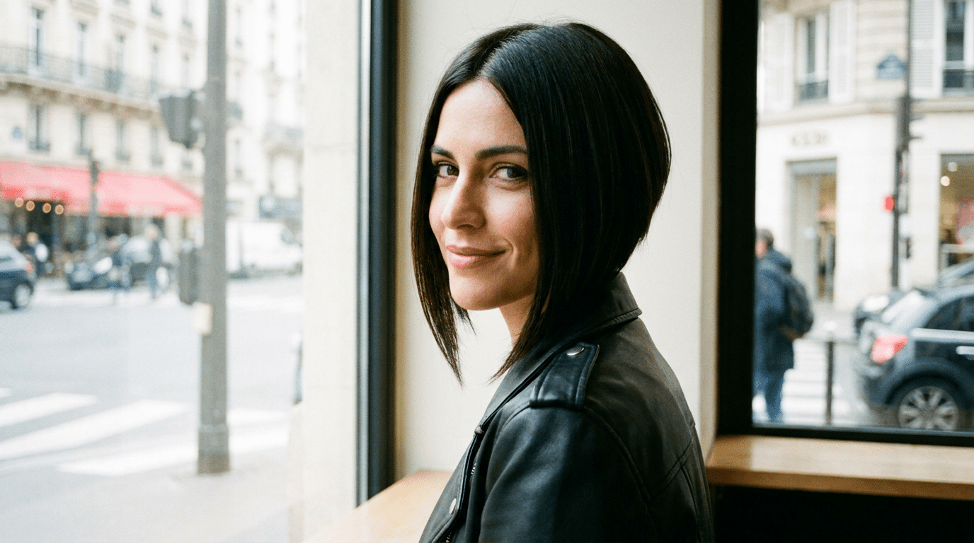 Mulher morena com cabelo chanel de bico preto brilhante, jaqueta de couro, sorrindo em café parisiense