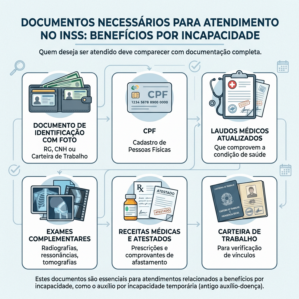 Infográfico com 6 ícones ilustrando documentos necessários para benefícios por incapacidade no INSS