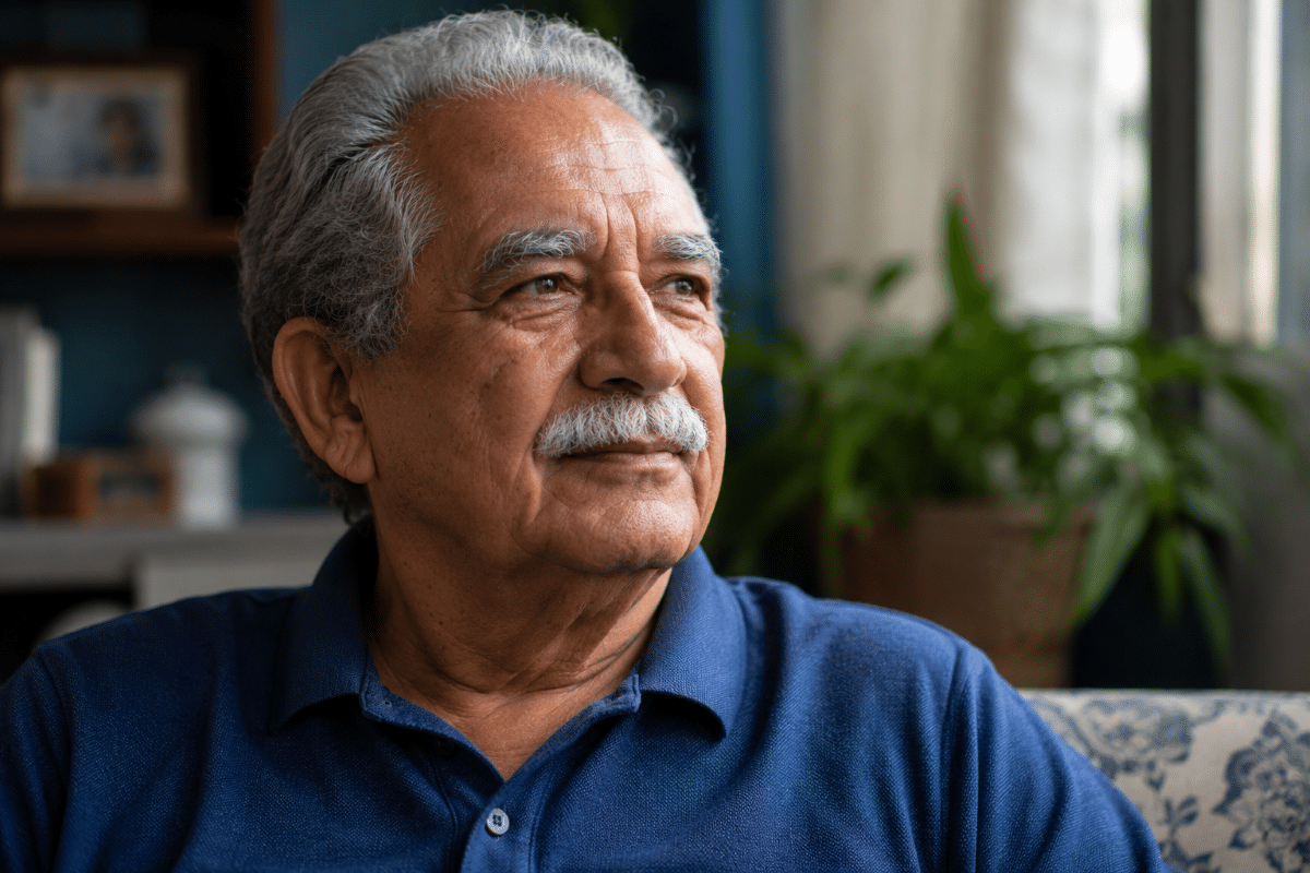Homem idoso de camisa azul olha para a janela com expressão reflexiva na sala de casa