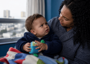 Mulher segura no colo um bebê agasalhado que segura um brinquedo, perto de uma janela