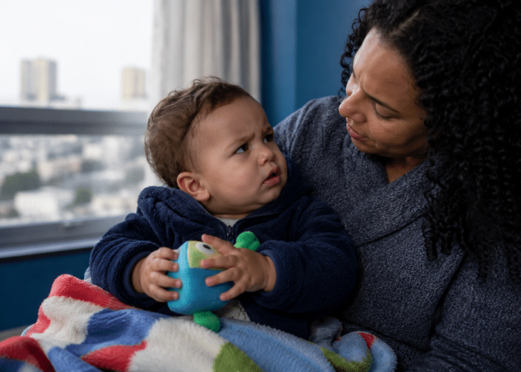 Mulher segura no colo um bebê agasalhado que segura um brinquedo, perto de uma janela