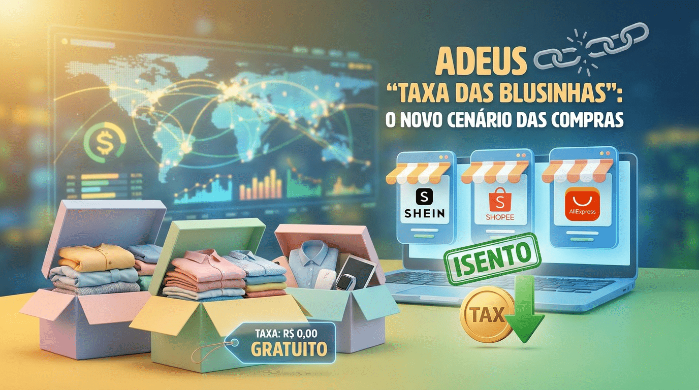 Arte ilustrativa com caixas de roupas, logos Shein, Shopee e AliExpress, selo "Isento" e texto sobre fim da taxa das blusinhas