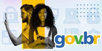 Homem e mulher jovens segurando smartphones com logo gov.br e ícones de cadeados representando verificação em duas etapas