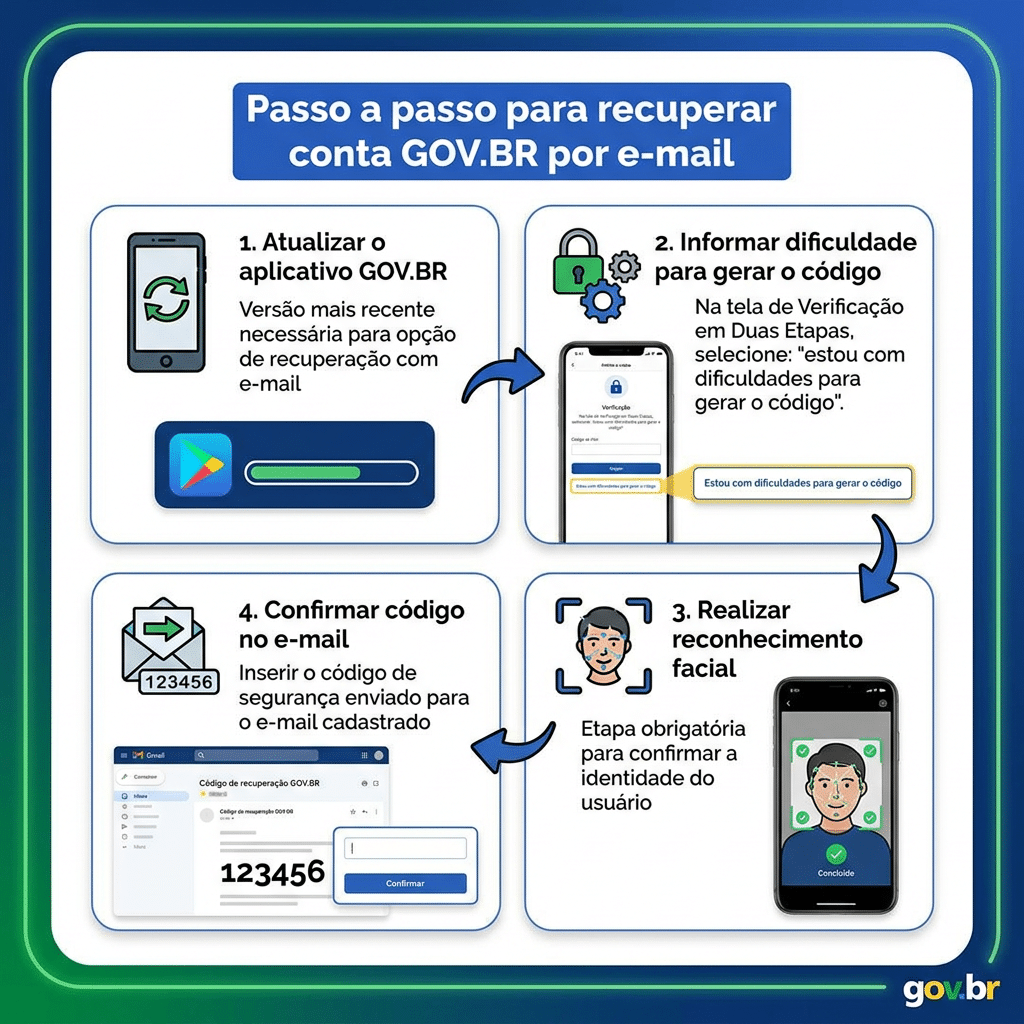 Infográfico GOV.BR com 4 etapas: atualizar app, informar dificuldade, reconhecimento facial e código por e-mail