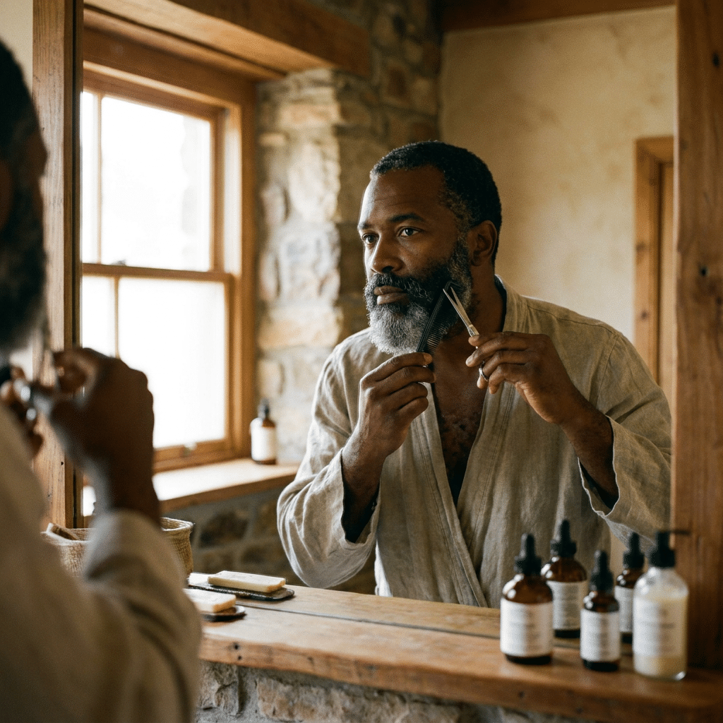Homem negro de barba branca usando robe bege penteia a barba em frente ao espelho com óleos de cuidado