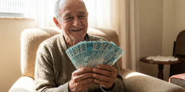 Idoso sorridente de cabelos grisalhos segura notas de R$ 100 em leque, sentado em poltrona bege em sala iluminada