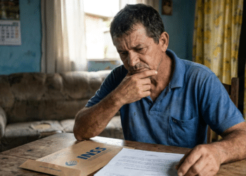 Homem de camisa polo azul sentado à mesa de madeira examina documentos do INSS com expressão preocupada em casa