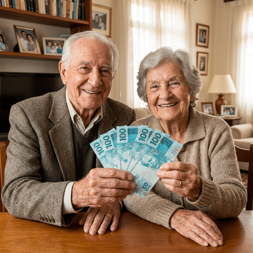 Casal idoso sorridente em sala de estar segurando leque de notas de R$ 100, representando pagamento de aposentadoria