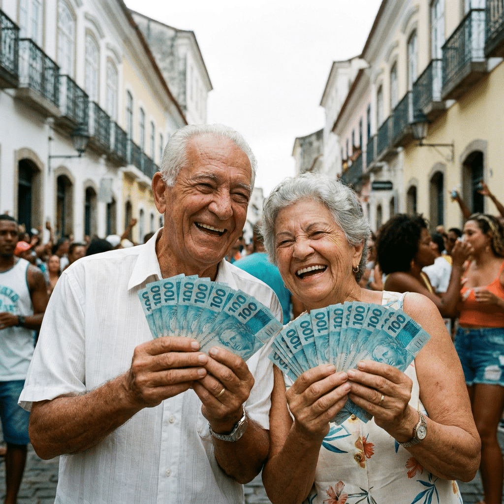 Casal de aposentados celebra 13º do INSS com notas de R$ 100 Casal idoso sorridente exibe notas de R$ 100 em leque, em rua histórica com casarões coloniais ao fundo