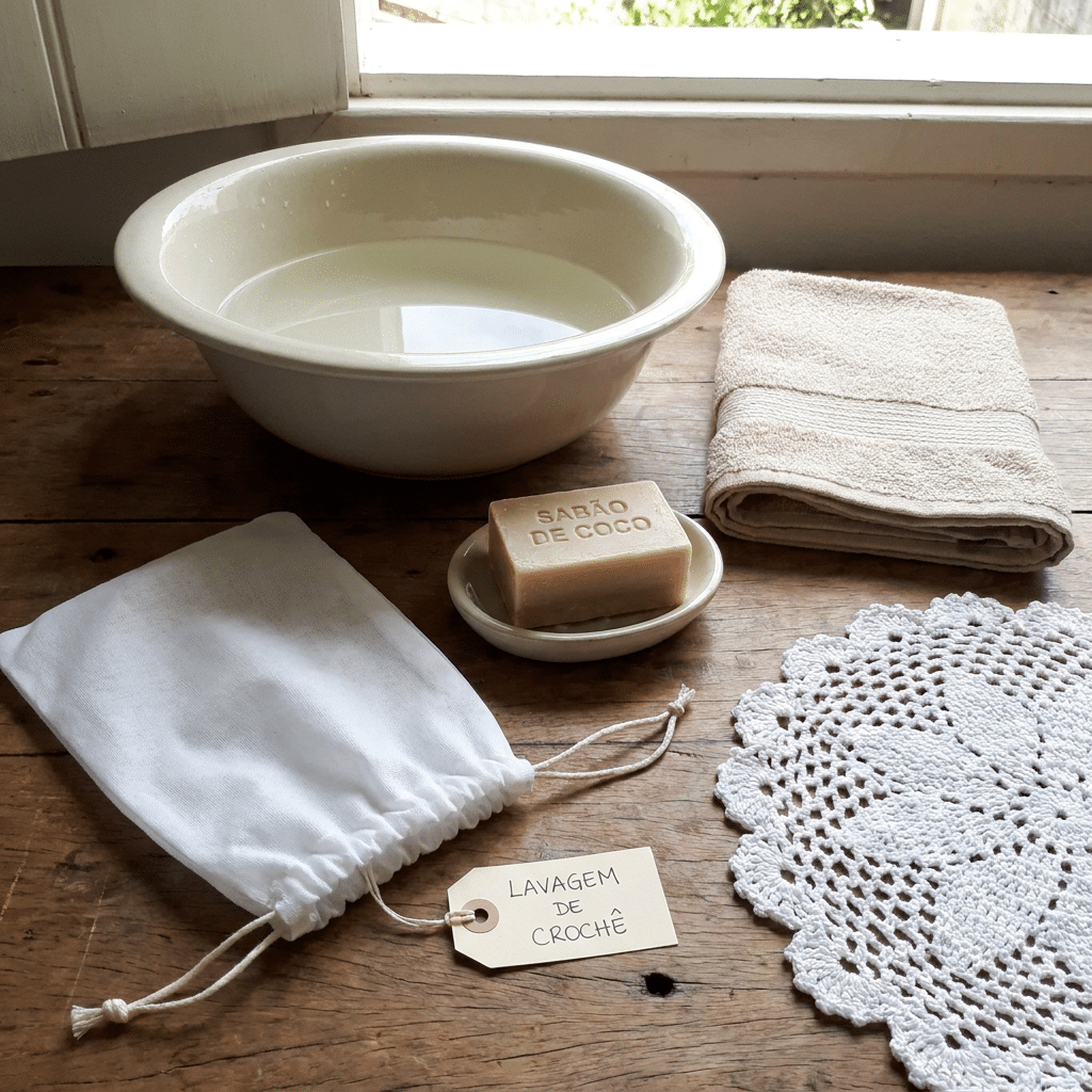 Bacia com água, sabão de coco, toalha bege, saquinho branco e toalhinha de crochê sobre mesa de madeira rústica