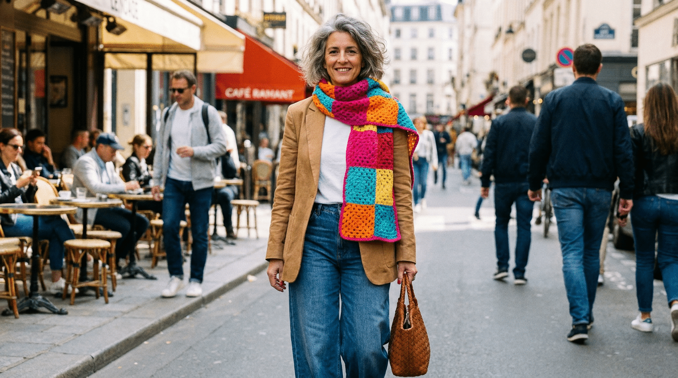 Mulher de cabelos grisalhos sorri usando lenço de crochê colorido, blazer camel e jeans em rua movimentada de Paris